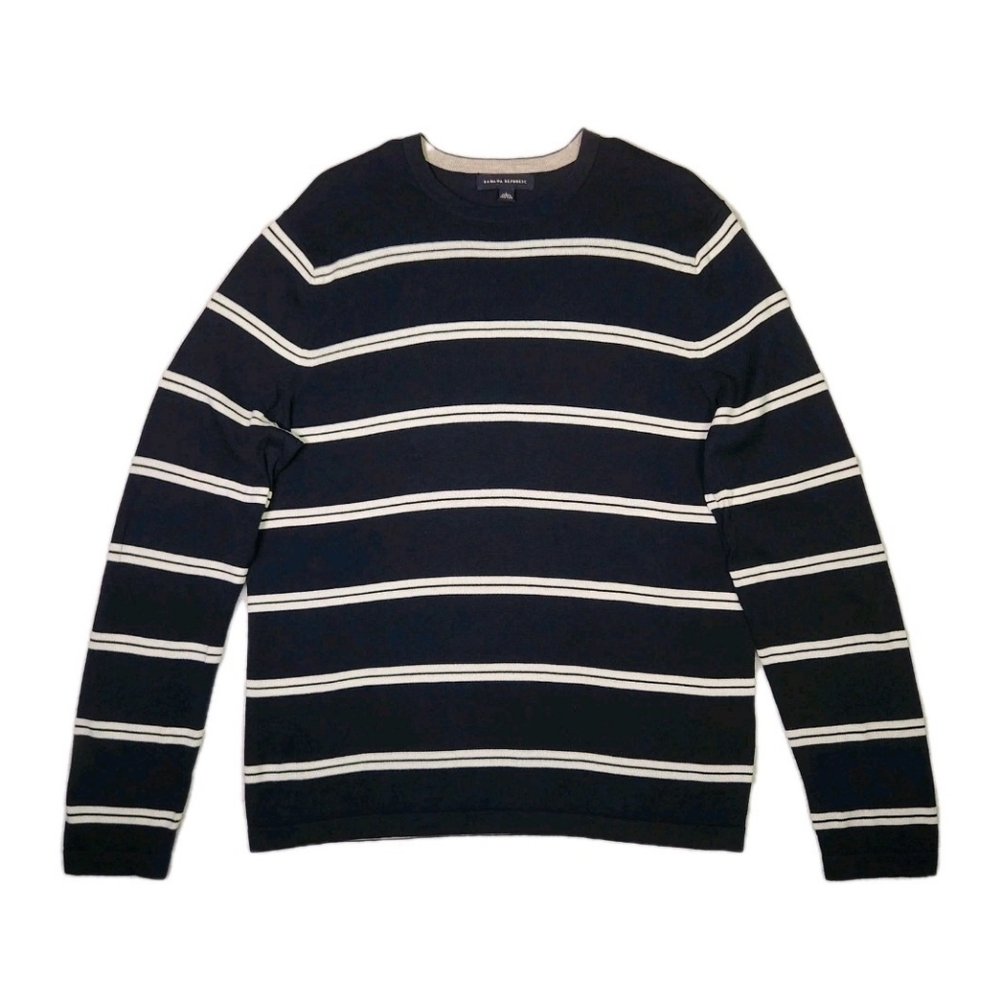 Vintage Y2K Wool Pima Cotton Striped Sweater Large Blue Retro Made In Hong Kong